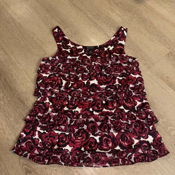 White House Black Market Tops - White House Black Market Red Rose Floral Ruffle Layered Sleeveless Blouse Top